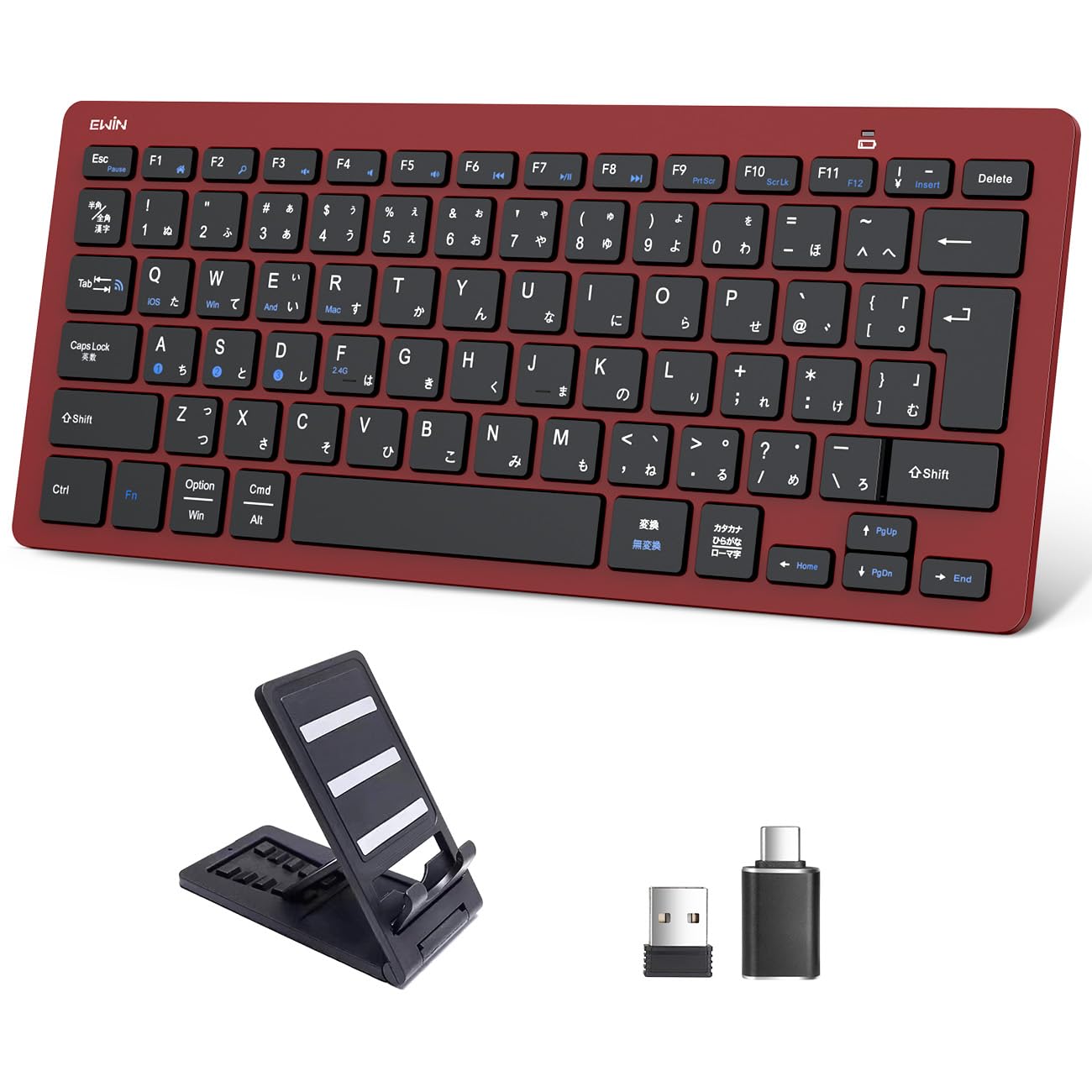 EWiN キーボード ワイヤレス bluetoothとusb無線両対応 JIS日本語配列 小型 Windows mac ios android対応 ipad iphone タブレット パソコン スマホ 4台デバイス自由に切替え keyboard ブルートゥース パンタグラフ テンキーレス 薄型 軽量 スタンド付き 2.4