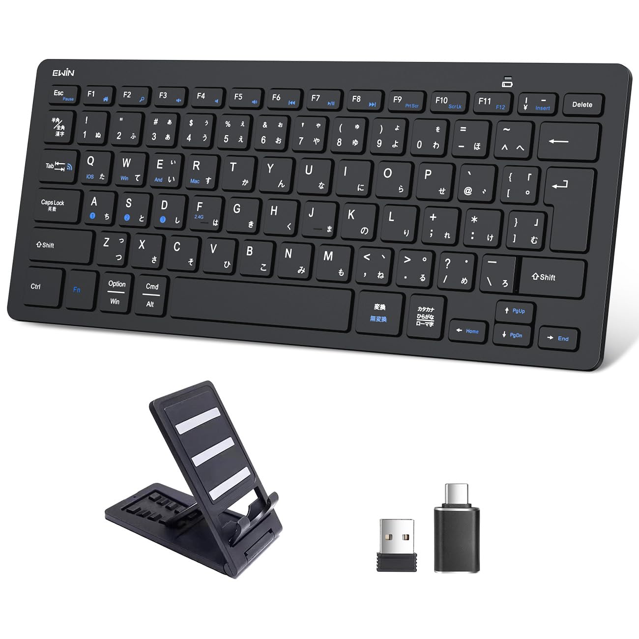 EWiN キーボード ワイヤレス bluetoothとusb無線両対応 JIS日本語配列 小型 Windows mac ios android対応 ipad iphone タブレット パソコン スマホ 4台デバイス自由に切替え keyboard ブルートゥース パンタグラフ テンキーレス 薄型 軽量 スタンド付き 2.4