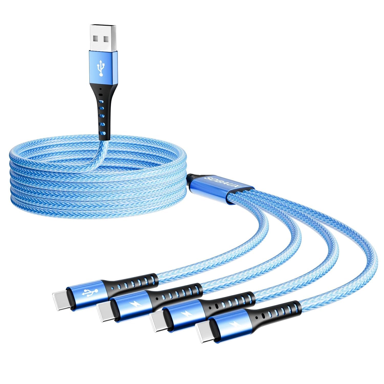 USB Type C ケーブル マルチタイプc 充電コードQC3.0急速超高耐久4つのCタイプ同時充電 iPhone 16 15 Pro Max Galaxy S24/S23 / Note/Nintendo Switch i0S Android 等USB-C機器対応 1.2M-スカイブルー