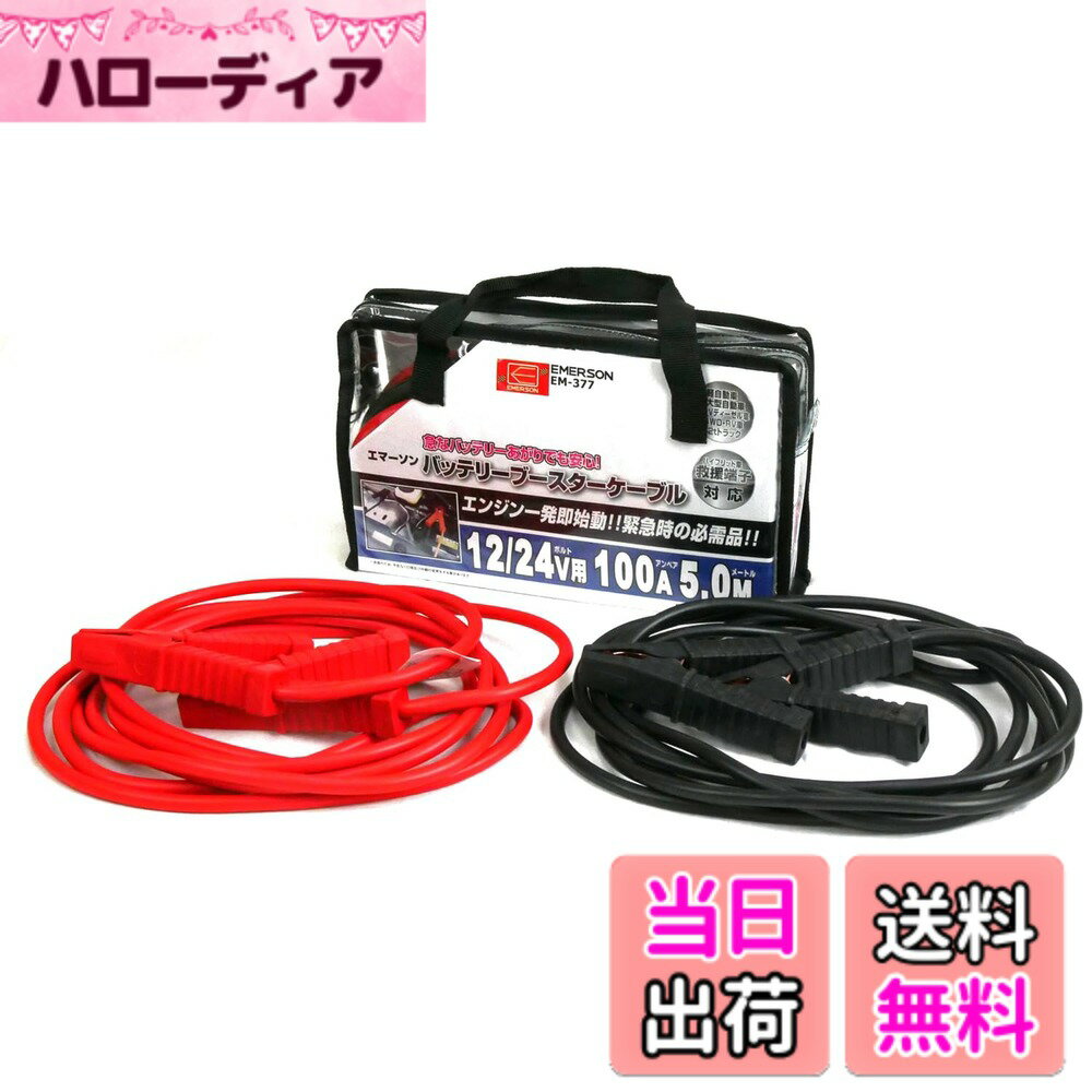 【送料無料】エマーソン(Emerson) 車用バッテリーブースターケーブル 12/24V 100A 5.0m ハイブリッド車救援端子対応 取っ手付き収納バッグ付き 【対応車種】軽自動車~大型自動車・24Vディーゼル車・4WD・RV車・2tトラック EM-377
