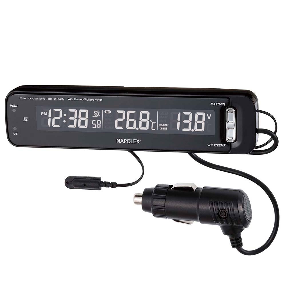【送料無料】ナポレックス(Napolex) 車用VTメータークロック(電波時計 電圧計 温度計一体型) カープラグ給電(12V) アラーム付き(スヌーズ機能あり) カレンダー表示機能 内外気温計 電圧異常 路面凍結警報機能搭載 誤警報カット機能搭載 取付ステー付き角度調整も自由に可