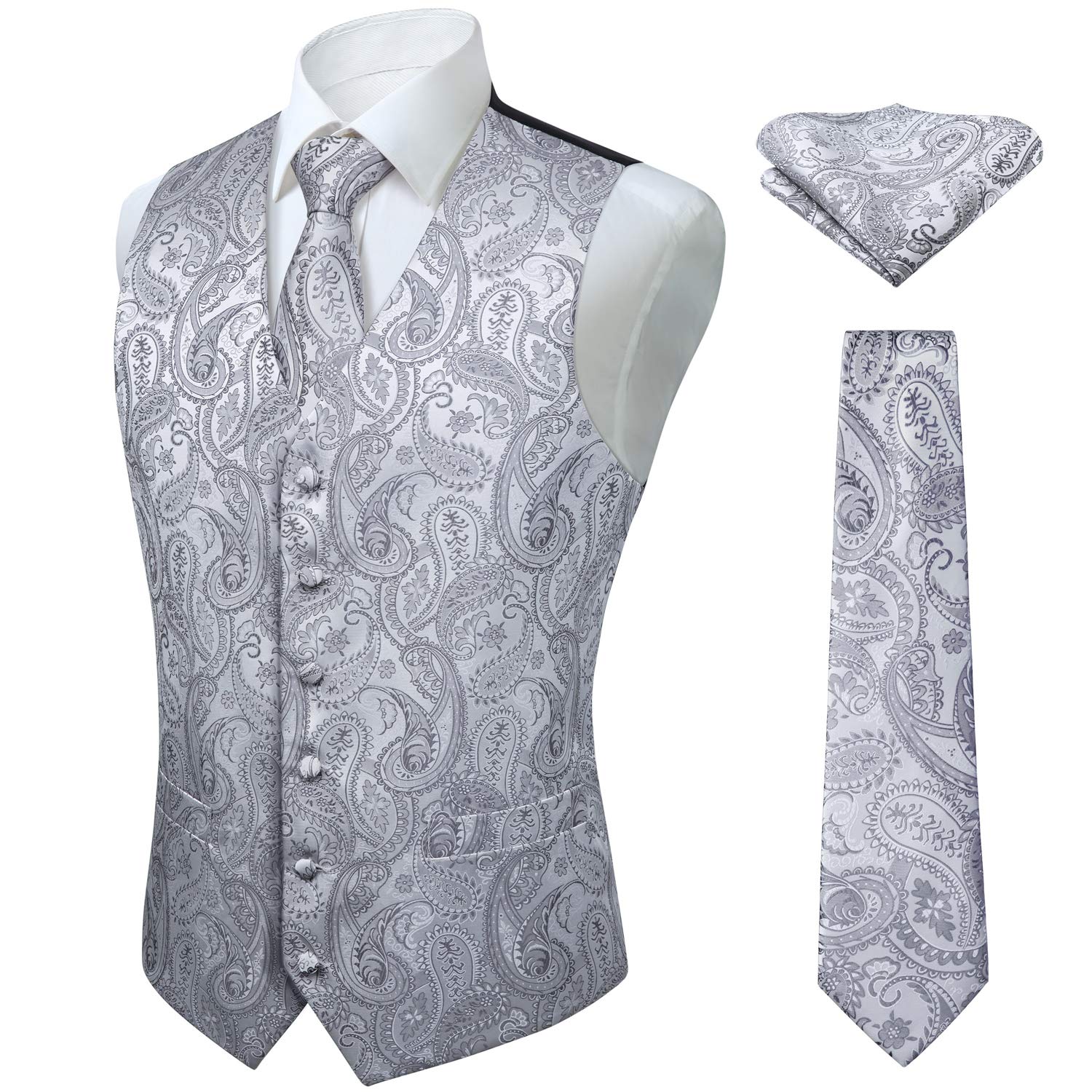 【送料無料】[Enlision] シルバー スーツ ベスト メンズ 結婚式 ベスト ネクタイ 3点セット ペイズリー ビジネス フォーマル 大きいサイズ スリム フィット 紳士 礼服 尾錠付き XL By V3-01
