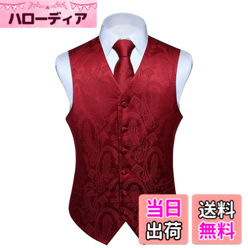 【送料無料】[Enlision] レッド スーツ ベスト メンズ 結婚式 ベスト 赤 ネクタイ 3点セット ペイズリー ビジネス フォーマル 大きいサイズ スリム ウエストコート 紳士 礼服 男性 3XL By V3-01