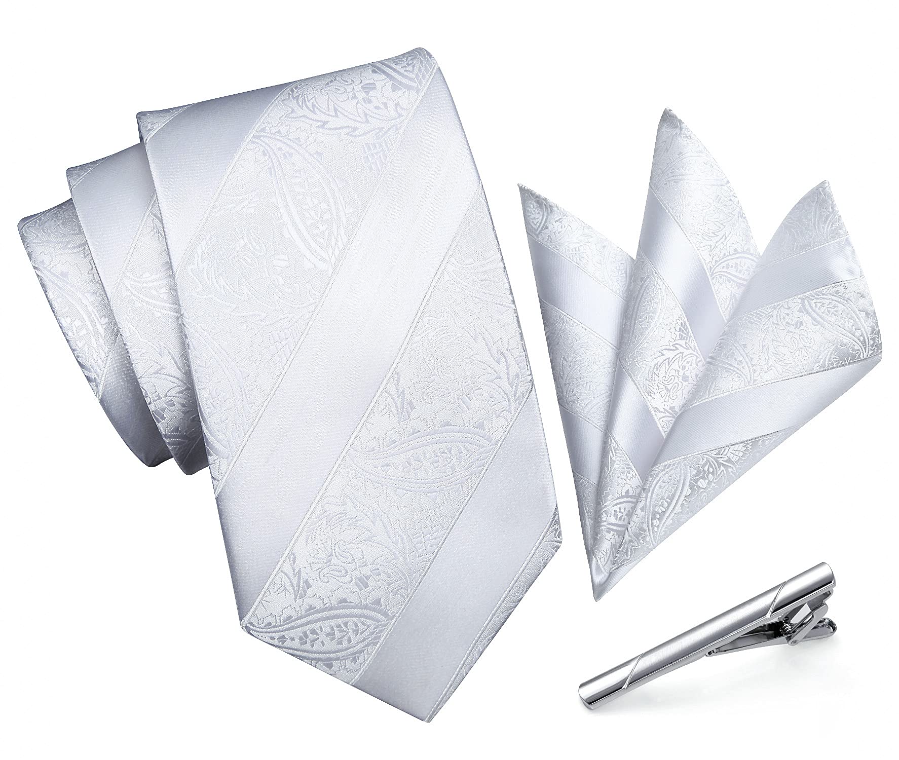 【送料無料】[HISDERN] ネクタイ 白 結婚式 チーフ メンズ ビジネス ハンカチ おしゃれ ネクタイネ 3点セット クリップ 高級 礼服 メンズ セット A3-01