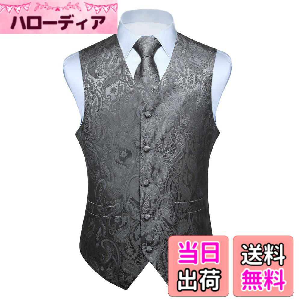 【送料無料】[Enlision] グレー スーツ ベスト メンズ 結婚式 ベスト ネクタイ 3点セット ペイズリー ビジネス フォーマル 大きいサイズ スリム フィット 紳士 礼服 尾錠付き XL By V3-01
