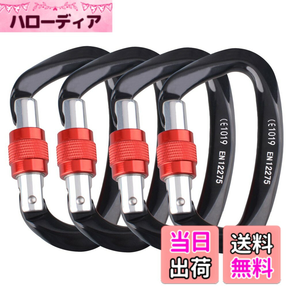 【送料無料】Azarxis ロックカラビナ Dリング 登山釦 アルミカラビナ 耐荷重25KN 高強度 アウトドア ハンモック キャンプ用 クライミング バックパックフック 脱落防止 (ブラック - 4個入り)