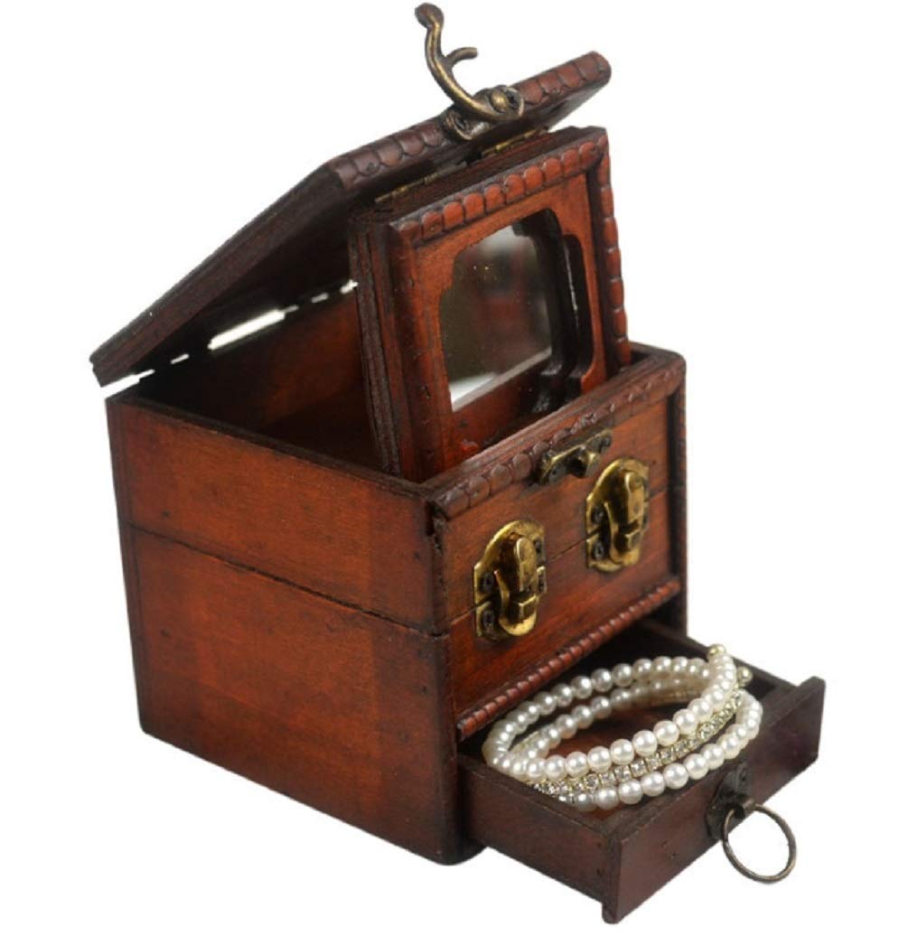 【送料無料】Anberotta ジュエリーボックス コスメ メイクボックス 小物入れ 化粧品 ミラー 鏡付き 木製 アンティーク調 ケース 宝石箱 収納箱 アクセサリー ビンテージ AT38 (Aタイプ)