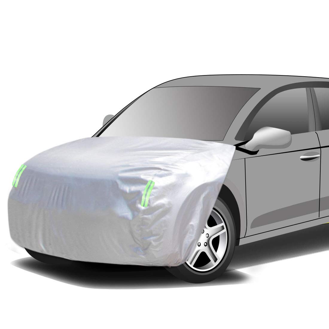 【送料無料】ボンネット保護カバー 防炎フロント保護カバー 裏起毛タイプ 防塵 蛍光反射ストリップ付き ゴムバンドで長さを調整 SUV車用 オフロード車用 適合目安：車長4.00m~5.20m/車幅1.65m~1.85m SV-L