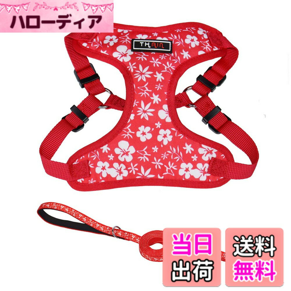 乐天商城 - 【送料無料】THAIN ハーネス＆リードセット 小型犬 胴輪 小型 ベストハーネス 犬 抜けない おしゃれ ハーネス ひっぱり防止 猫 ハーネス かわいい 小型犬 ハーネス 軽量 リード 犬 メッシュ地 通気性いい 犬ハーネス 花柄(XS 赤)
