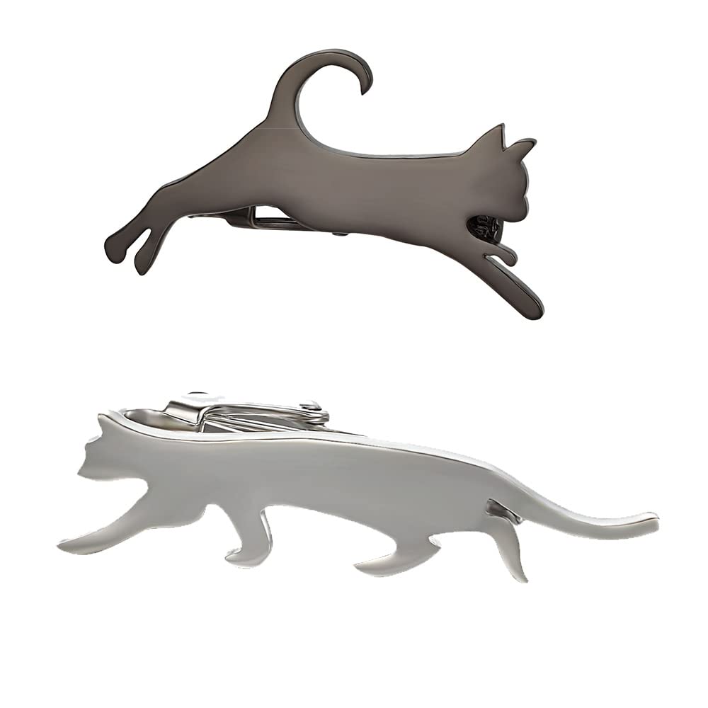 【送料無料】Yoursfs おもしろ ネクタイピン 猫 セット メンズ かわいい ねこ おしゃれ おもしろ ユニーク 動物 タイピン アクセサリー プレゼント(ツーピース ブラック & シルバー)