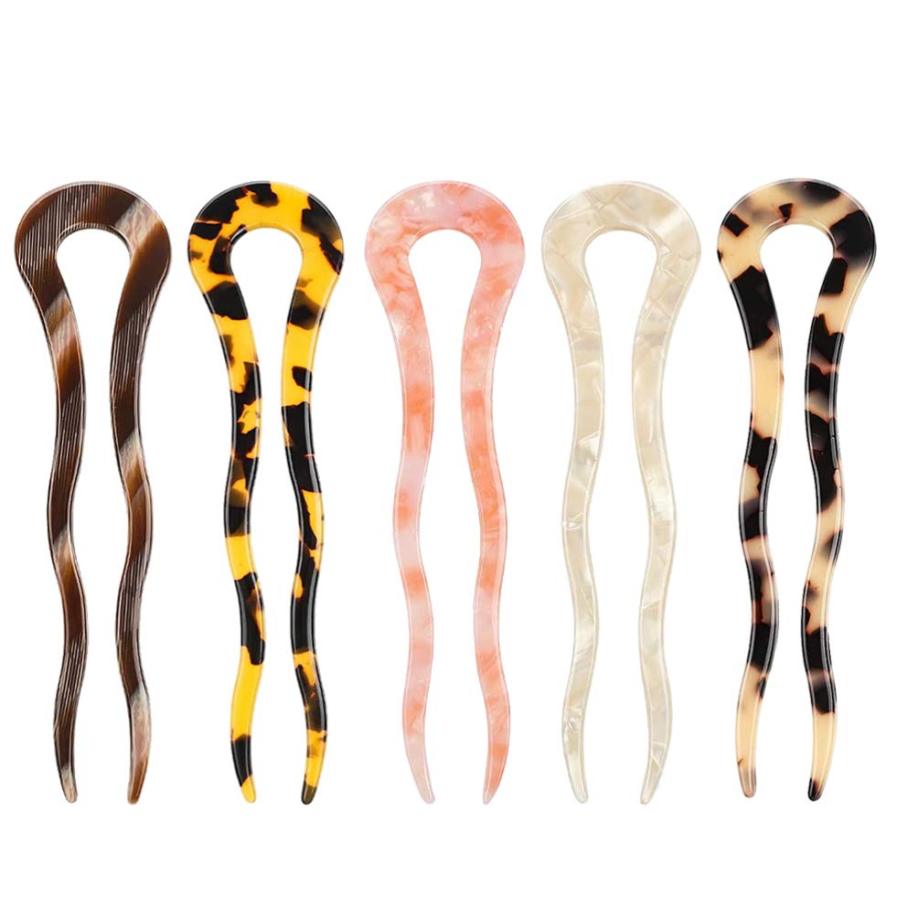 【送料無料】FRCOLOR かんざし U字型ヘアピン 5本セット レトロデザイン アセテート製 11.5Cm 軽量22G レディース 和装 髪飾り 浴衣や着物のヘアアレンジに最適