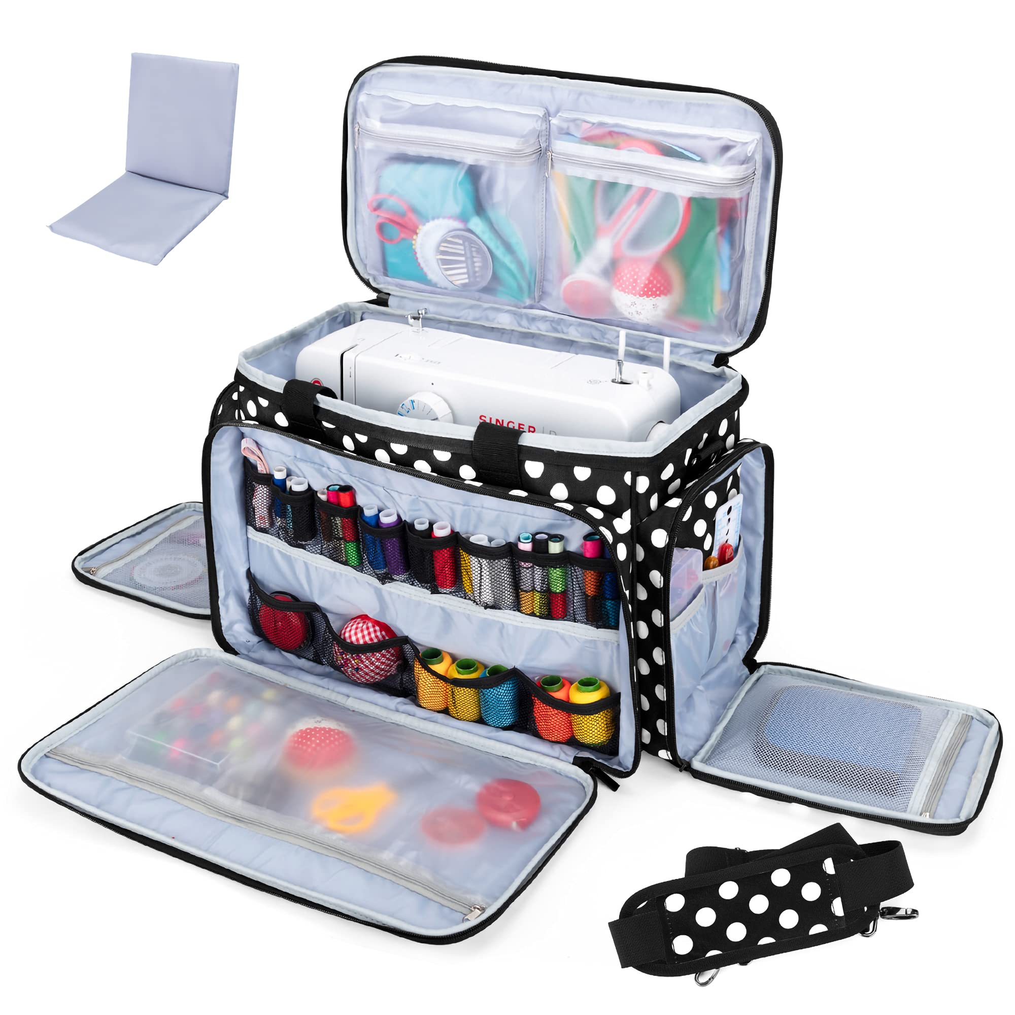 【送料無料】Luxja ミシンケース ハードボード付き 裁縫道具もまとめて収納 クッション性(ブラックドット)