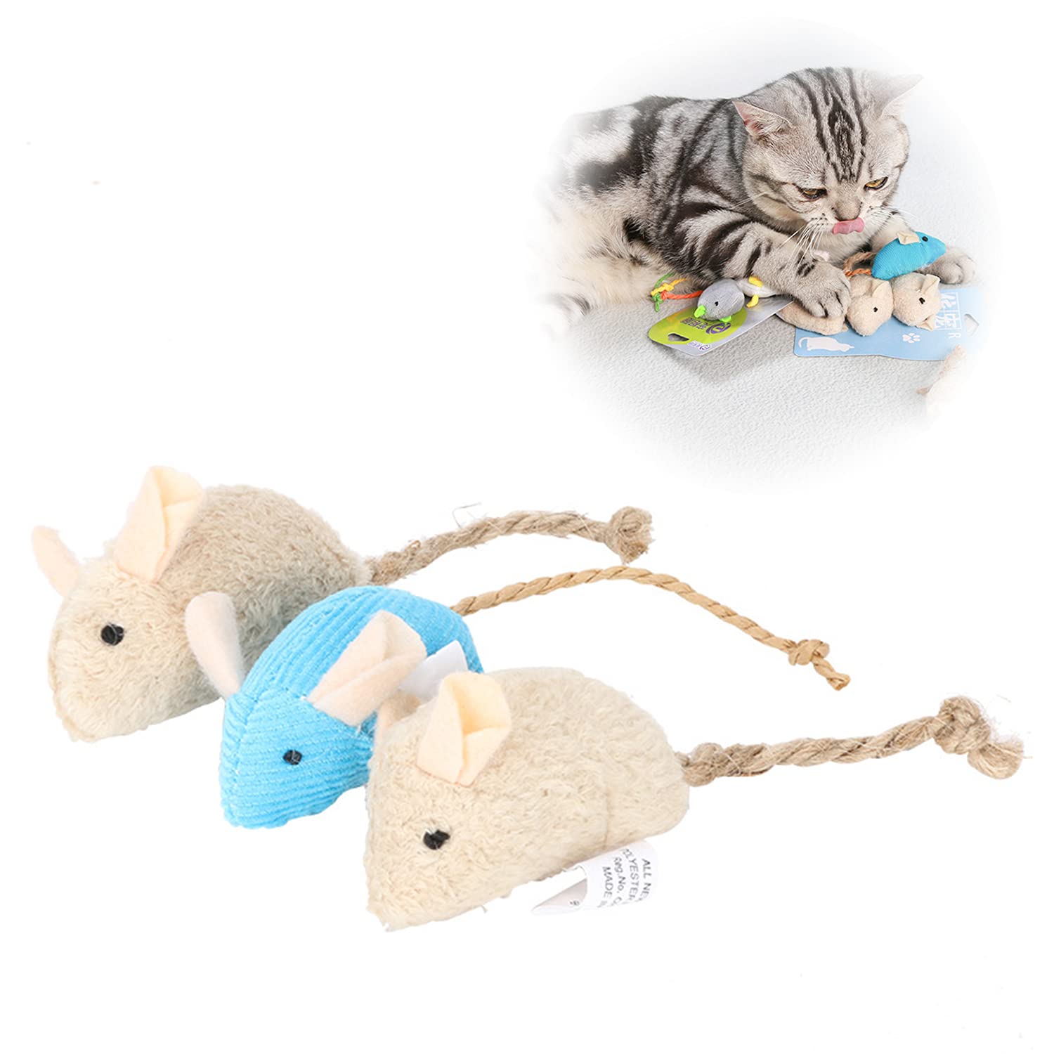 【送料無料】RICISUNG 猫とネズミのおもちゃ 猫び 噛むおもちゃ ペットのおもちゃ シミュレーションぬいぐるみマウス 運動不足を和らげ ストレスを和らげる （3点セット） (混色タイプA)