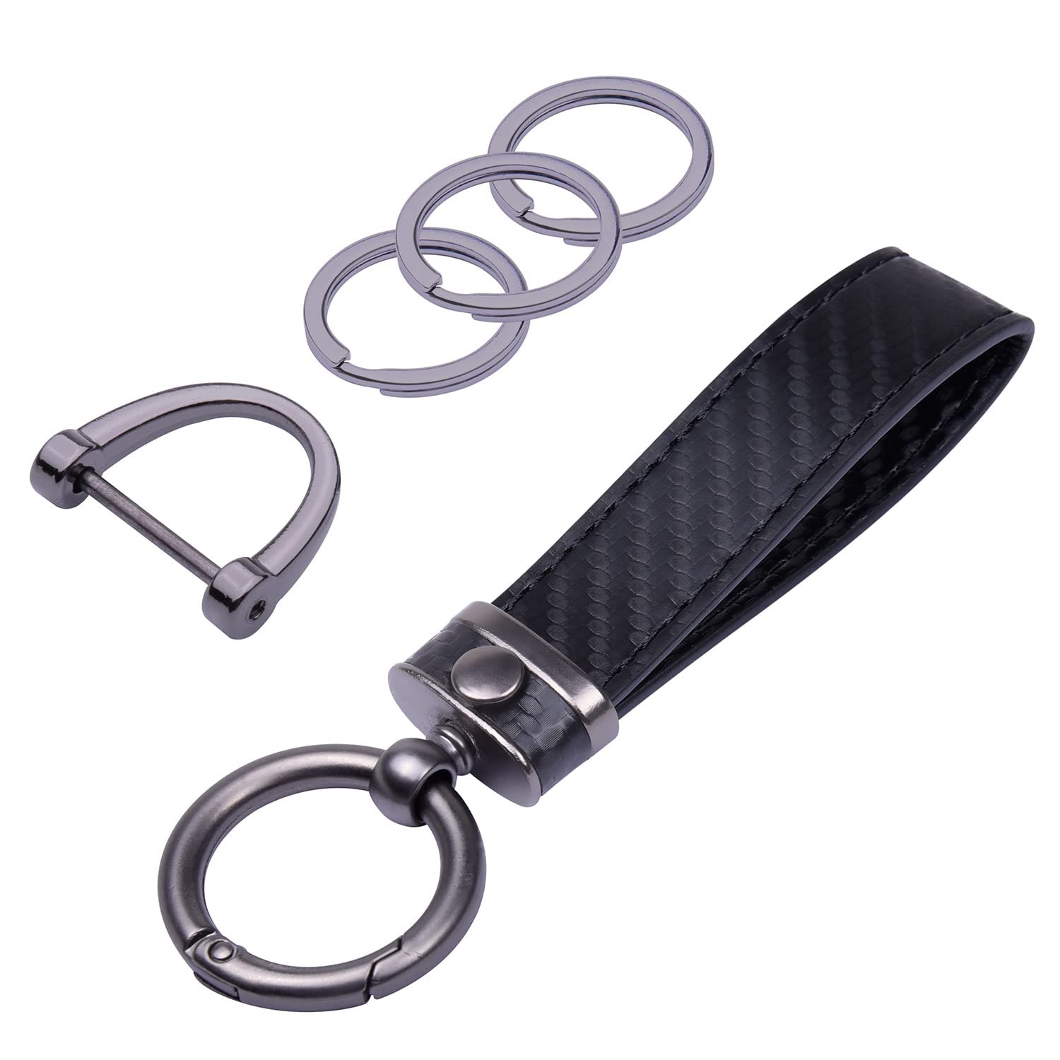 【送料無料】[Wisdompro] 車用キーホルダー カーボンレザー 車のキーチェーン 紛失防止 スマートキー通用タイプ おしゃれ メンズ レディース ブラック(ラウンドコネクタ)