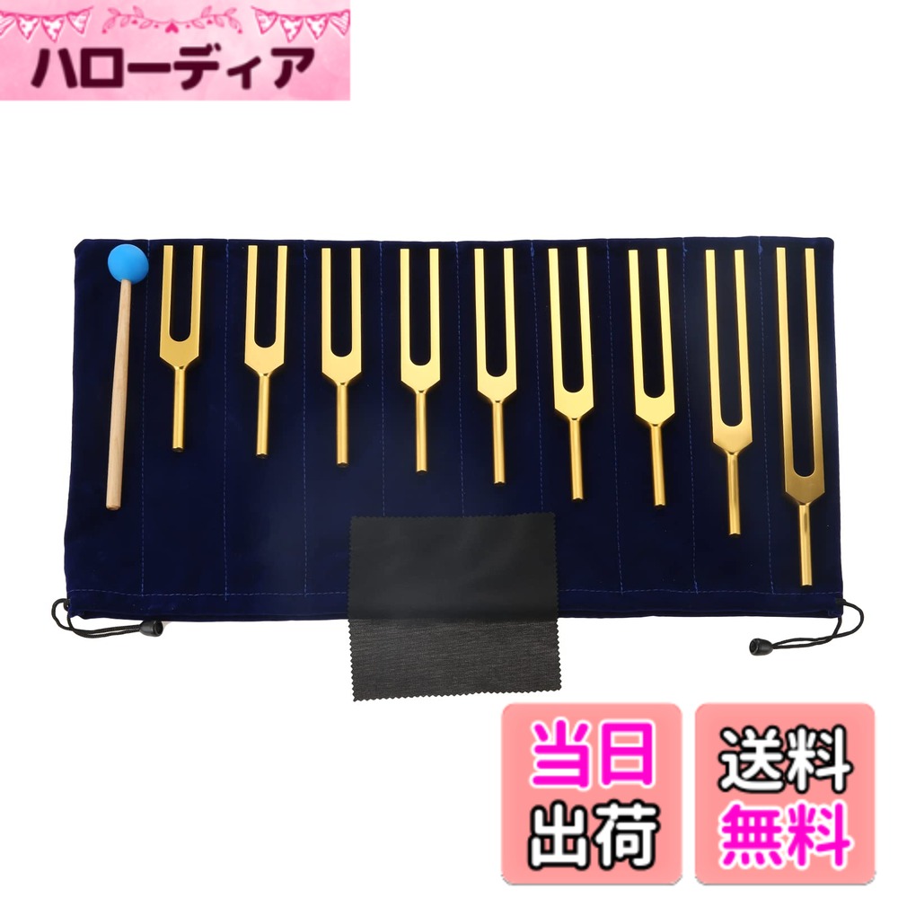 【送料無料】Dreld 音叉セット サウンドヒーリング セラピーツール リラックスするための9個チューニングフォークセット 174/285/396/417/528/639/741/852/963HZ シリコンハンマーとバッグ付き 振動 楽器 ゴールデン
