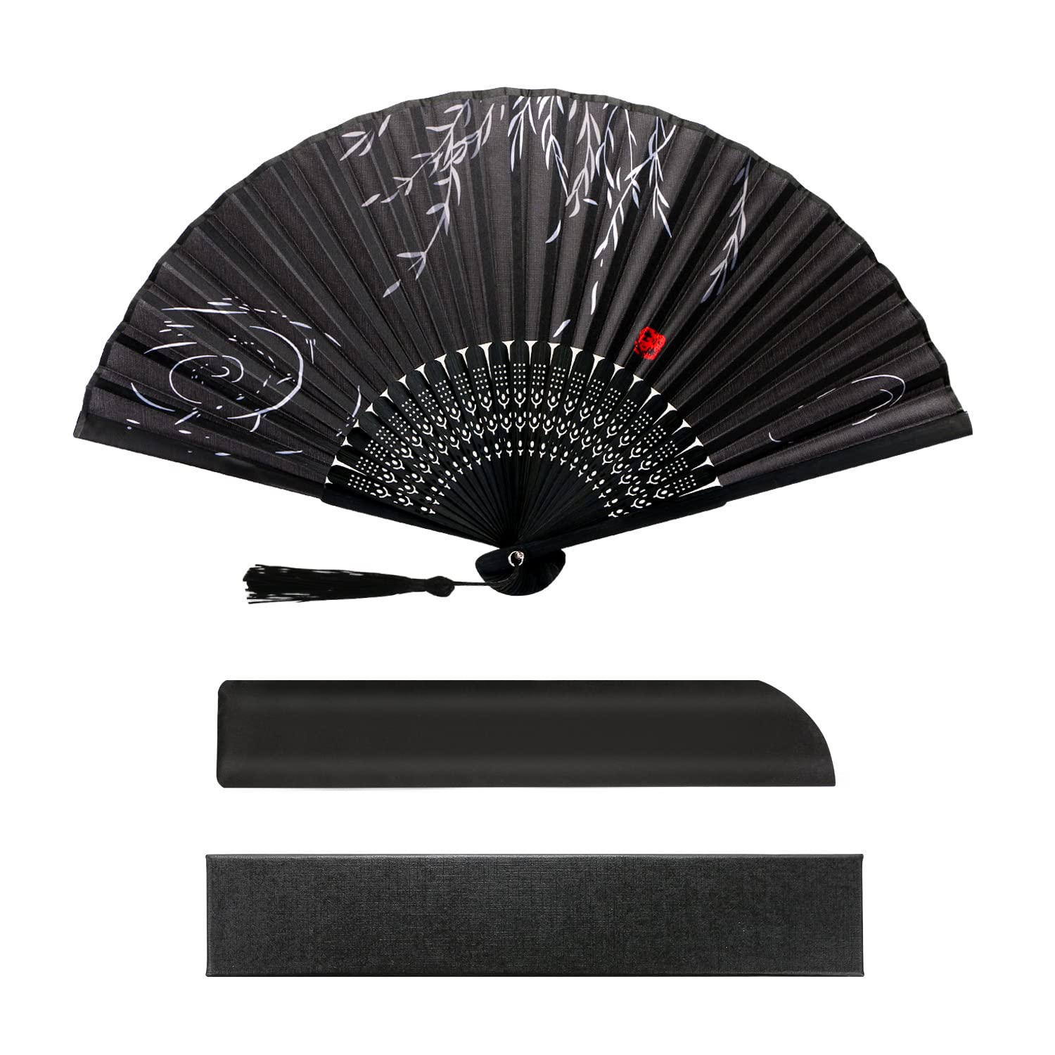 【送料無料】[YOVOY] 扇子 メンズ 高級シルク扇子 おしゃれ 人気 男性用 大きい 短地扇子 プレゼント 花火大会 浴衣 着物 和装小物 お祭り 猛暑対策 ギフト袋と箱付き 3点セット (黒い笹の葉)