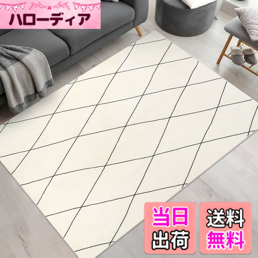商品情報商品の説明主な仕様 【商品仕様】サイズ：120x160cm、厚さ：約6-10mm、表面素材：100％ポリエステル。裏面素材：不織布（滑り止め加工）。オーバーロック加工の端、遊び毛が出たり、形を崩れたりしにくい。梱包：折り畳み。※裏面に滑り止め加工を施しているため、床暖房の上に直接敷くのはおすすめできません【北欧風の幾何学柄】シンプルで自然な線から描かれた幾何学模様、繊細なデザイン画を最新の印刷技術でふわふわの人工ウール生地にプリント、馴染みやすいホワイトとベニワレン風のデザインはお部屋のアクセントとしてもおすすめ【特徴】不織布製の裏面には滑り止め加工を施しておりので、子供やペットがいらっしゃるご家庭でも安心してご使用いただけいます。吸水・防音・防ダニ・抗菌・防臭仕様、薄くて軽く、女性でも余裕で折りたたみや持ち運びができます。ふんわり柔らかく、沈みこむような心地良い質感。ほどよいな厚さで、1年中使えます。※他のマットの上に使用しても滑り止め効果も抜群です【洗濯機で洗える】密度が高くて短めの毛足はゴミが絡みにくく、日常の清潔は掃除機をかけるだけで、OK！汚れた場合は手洗いや洗濯ネットに入れて洗濯機で洗うことができます。※ラグは風通しの良いところで陰干しして、アイロン、乾燥機はご使用をお避け下さい【多様な使用シーン】ラグは機械織り製造、丈夫で耐久性よい、床を保護だけでなく、インテリアとしても最適です。ベッドサイド、リビングルーム、ベランダ、やダイニングのテーブルの下などに敷くとぴったりです。角は細いパイピングで、軽やかな印象に仕上げています。ひっかかりやズレが生じにくく、生活導線に敷いても安心です
