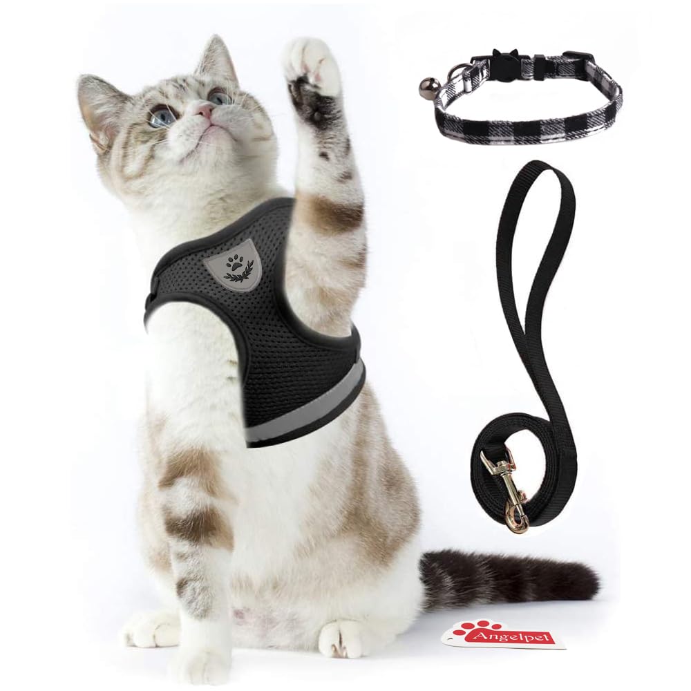 【送料無料】猫 猫用 ハーネス 胴輪 首輪 犬猫兼用 小型犬 ウサギ ソフト胸あて リード付き 抜けない 夜反射 メッシュ 通気性 超軽量 サイズ調節可能 マジックテープ式装着 反射ストライプ付き お散歩用 ポリエステル素材（猫用ハーネス＋猫首輪） (XLサイズ (x 1), ブラ