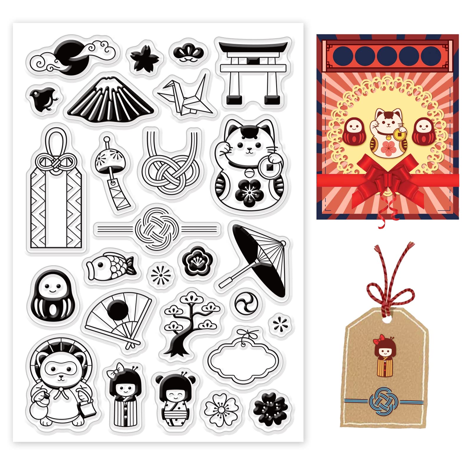 【送料無料】BENECREAT 1枚 クリアスタンプ シリコンスタンプ 和風元素 人形 鳥居 扇子 狸 桜 結び目 手帳 透明 印鑑 スクラップブッキング カレンダー用 アルバム用