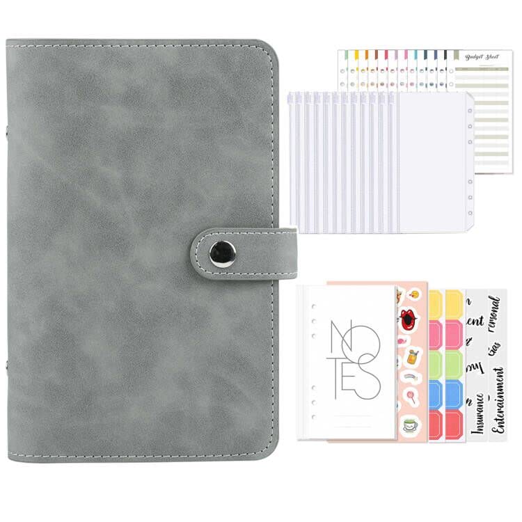 【送料無料】Sitengle A6 バインダー 6穴 予算バインダー PUレザー ポケット12個付き ラベル付き便利セット お金管理 手帳 家計管理 書類・伝票・名刺・メモ紙入れ ルーズリーフバインダー システム手帳 多色選択 (ライトグレー)