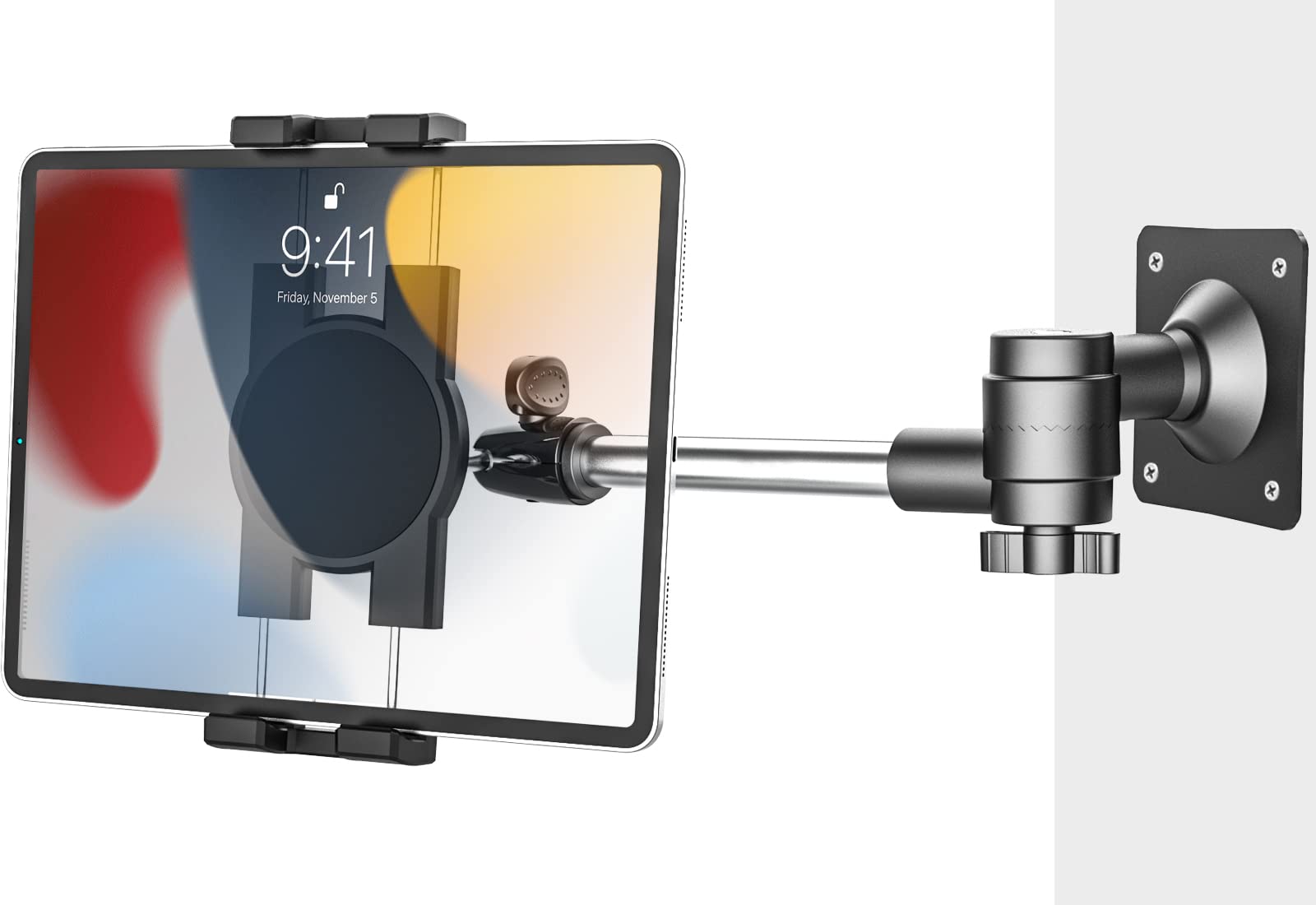 【送料無料】woleyi 壁掛けタブレットスタンド キッチン iPadホルダー アルミニウムアームスタンド クリップ式 キッチン携帯ホルダー 浴室/倉庫/オフィス/病院取り付け 360度回転 自由調節 日本語説明書付きタブレットとスマートフォン4-13インチ全機種対応 iPad Pro 9