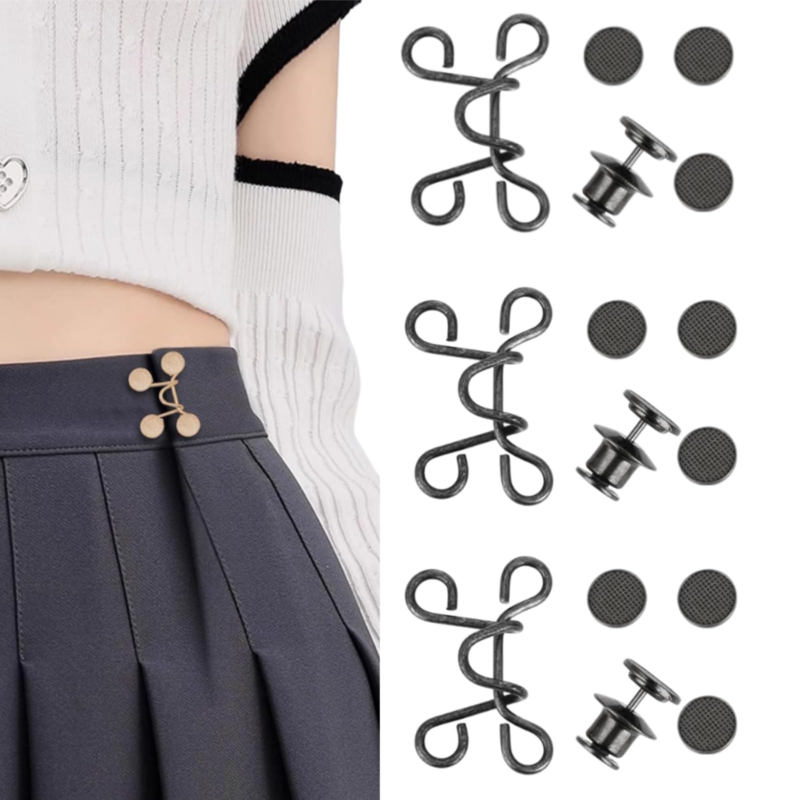 【送料無料】[YFFSFDC] ウエスト調整ボタン27mm3セット ジーンズ 調整 リベット付き 縫い目ない ウエストバックル ゆるゆるのジーンズ/ズボン/スカート/Tシャツ/パーカーなどを調節する取り外し可能ボタン 調節可能 交換用 (ブラック)