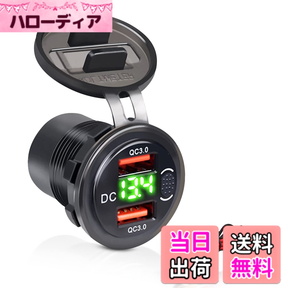 【送料無料】Palumma USBカーチャジャー ト QC3.0急速充電 電源ソケット 埋め込み用 急速充電 USB 2ポート付き 車載充電器 12V / 24VデュアルUSB車載電源コンセント、防水、LED電圧計表示、 ボタン付きスイッチ シガーライター(グリーン)