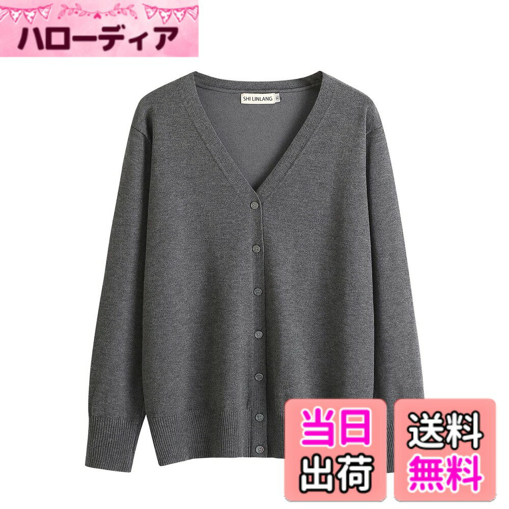 【送料無料】[Blostirno] カーディガン レディース Vネック ニット 綿 無地 厚手 オフィス ゆったり 春秋 (ダークグレー, M1)