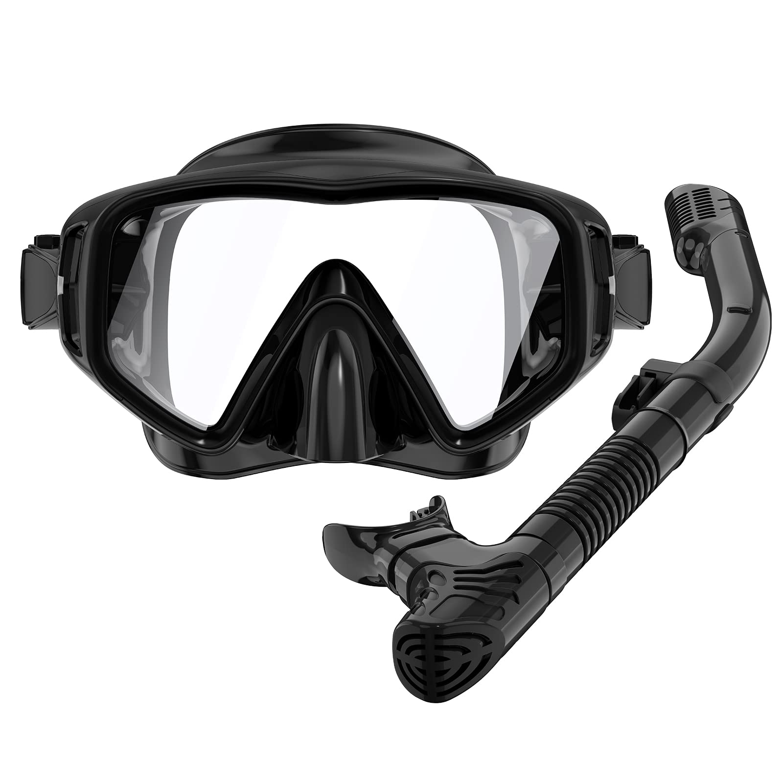 【送料無料】MILPROX シュノーケルマスク スノーケル 2点セットメッシュバッグ付き クリア ガラスレンズ 水中マスク スノーケリング フリーダイビング シュノーケリング 水泳 暑さ対策 男女兼用（ブラック）