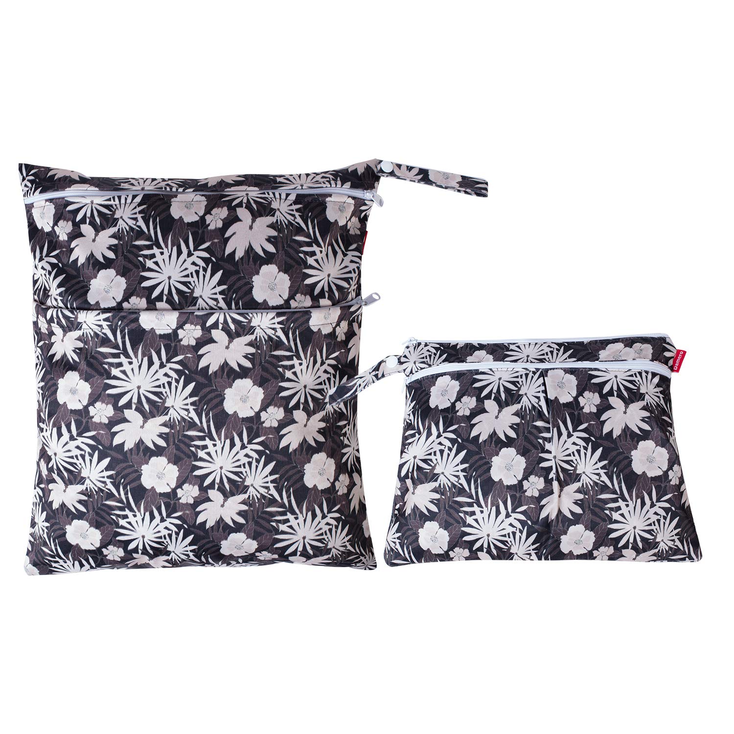 【送料無料】Damero ウェットバック(防水バッグ) 2点セット 着替え・オムツ・お風呂用品・水着・タオル入れ 外出・スポーツ・旅行用 （S+L,花コーヒー色）