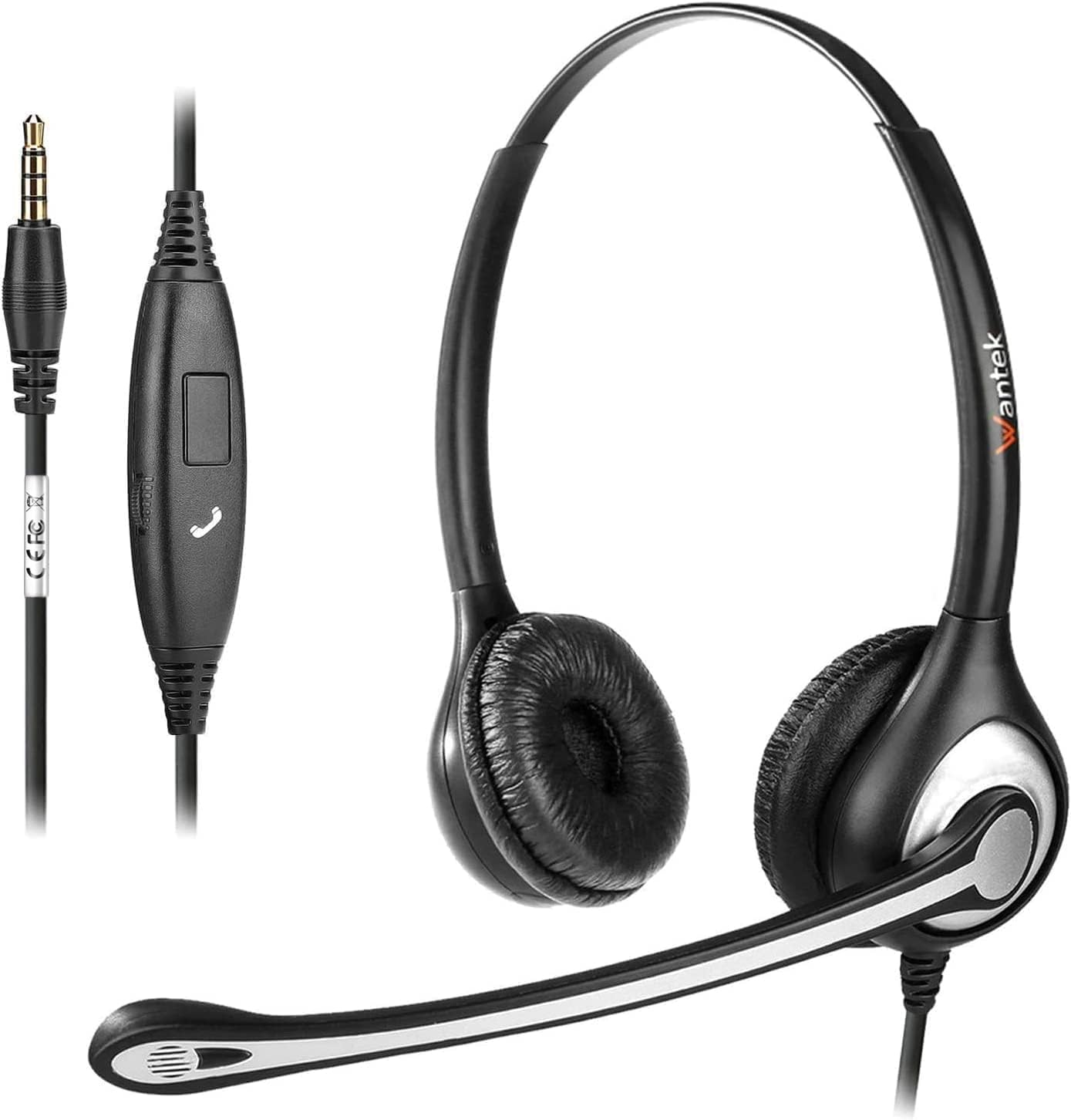 【送料無料】Wantek ヘッドセット3.5mm 両耳 ノイズキャンセリングマイク付きとコール制御 PC用3.5mmヘッドホン Web会議、Skype、オフィス、在宅勤務、ビジネス、コールセンターに適用 iPhone、iPad、コンピューターに対応 明瞭な通話 超軽量 超快適 携帯電話用ヘッドセ