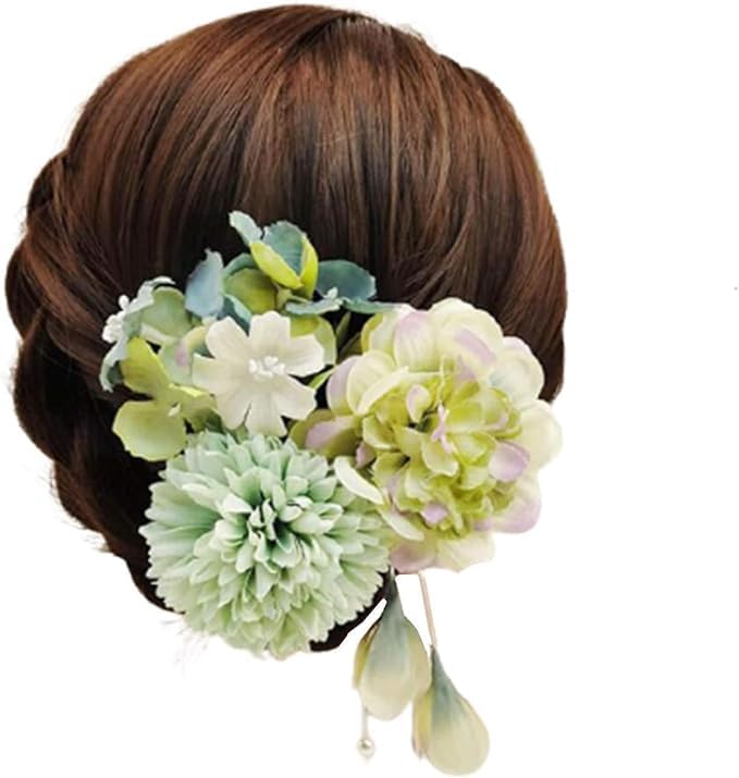 【送料無料】Rzilmer 髪飾り 和風 和装 成人式 花 高級造花 成人式髪飾り 舞妓風髪飾り 卒業式 結婚式 浴衣 結婚式 七五三 和装小物 髪 飾り 髪留め つまみ細工 ヘアアクセサリー (グリーン 3点セット)