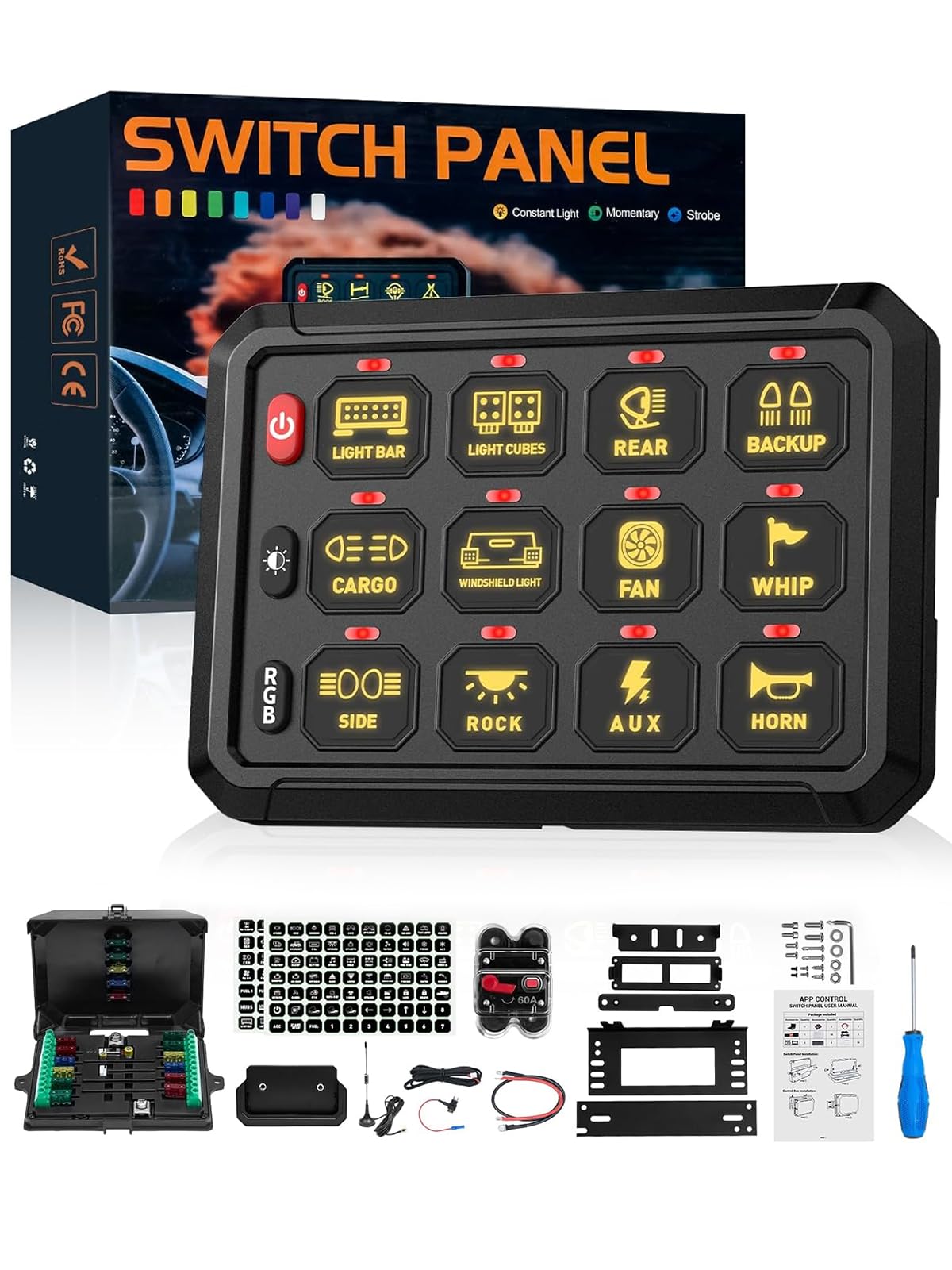 【送料無料】CHELHEAD 12 ギャング スイッチパネル RGB ストロボ機能 防水 IP67 リレーボックス 車 RV ジムニー ジープ UTV 船舶対応 【2 年】