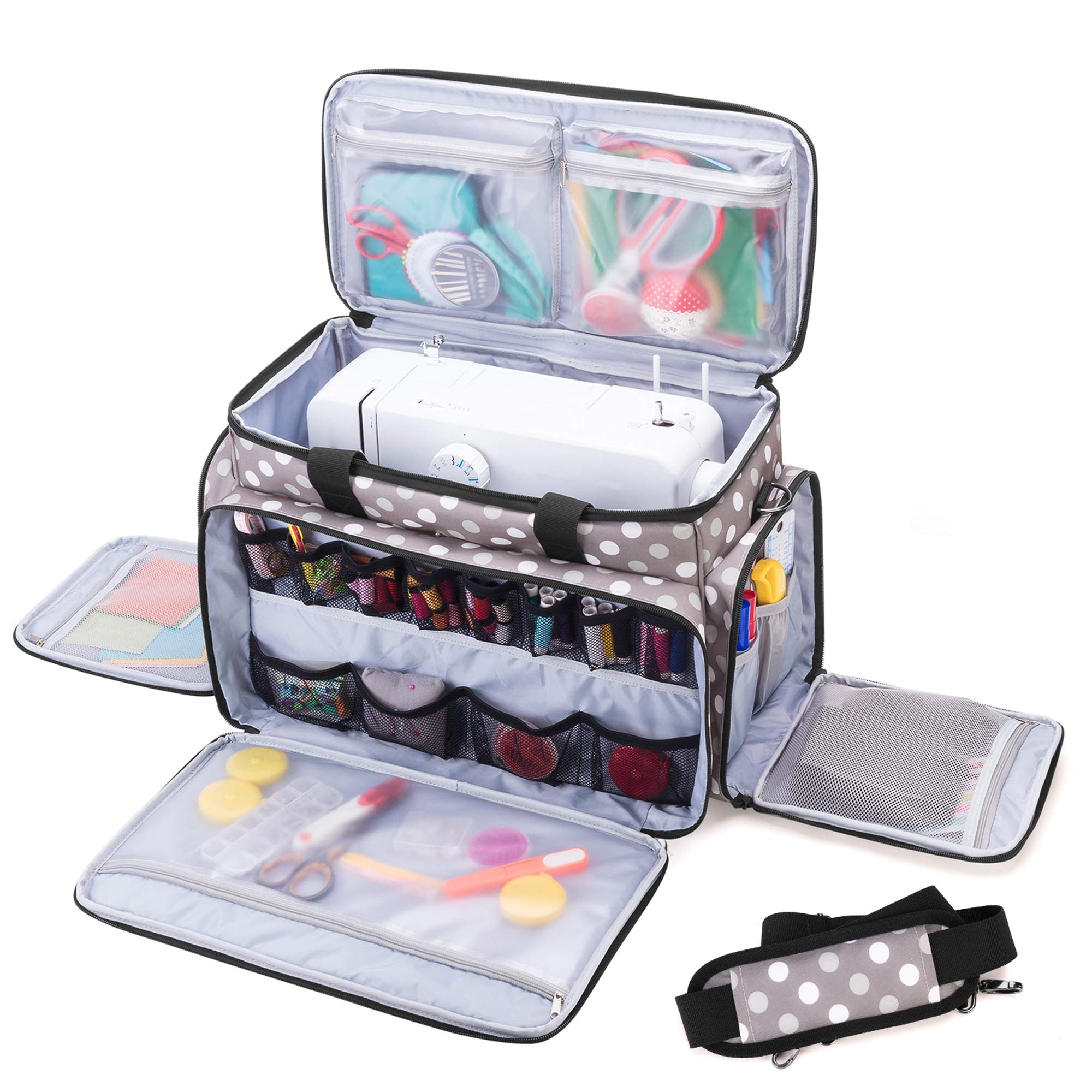 【送料無料】Luxja ミシンケース ハードボード付き 裁縫道具もまとめて収納 クッション性 (グレー ドット)