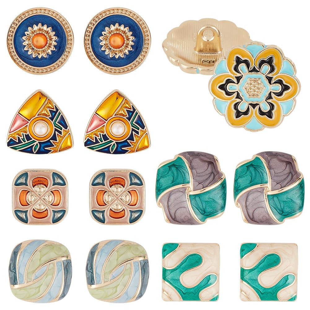 【送料無料】PH PandaHall 14個セット 7種 飾りボタン メタルボタン エナメルボタン レトロ 合金製 洋服用 コート用ボタン 1穴 花 三角 スクエア 縫製ボタン 家庭用手縫い 手作り DIY縫製 交換 修理