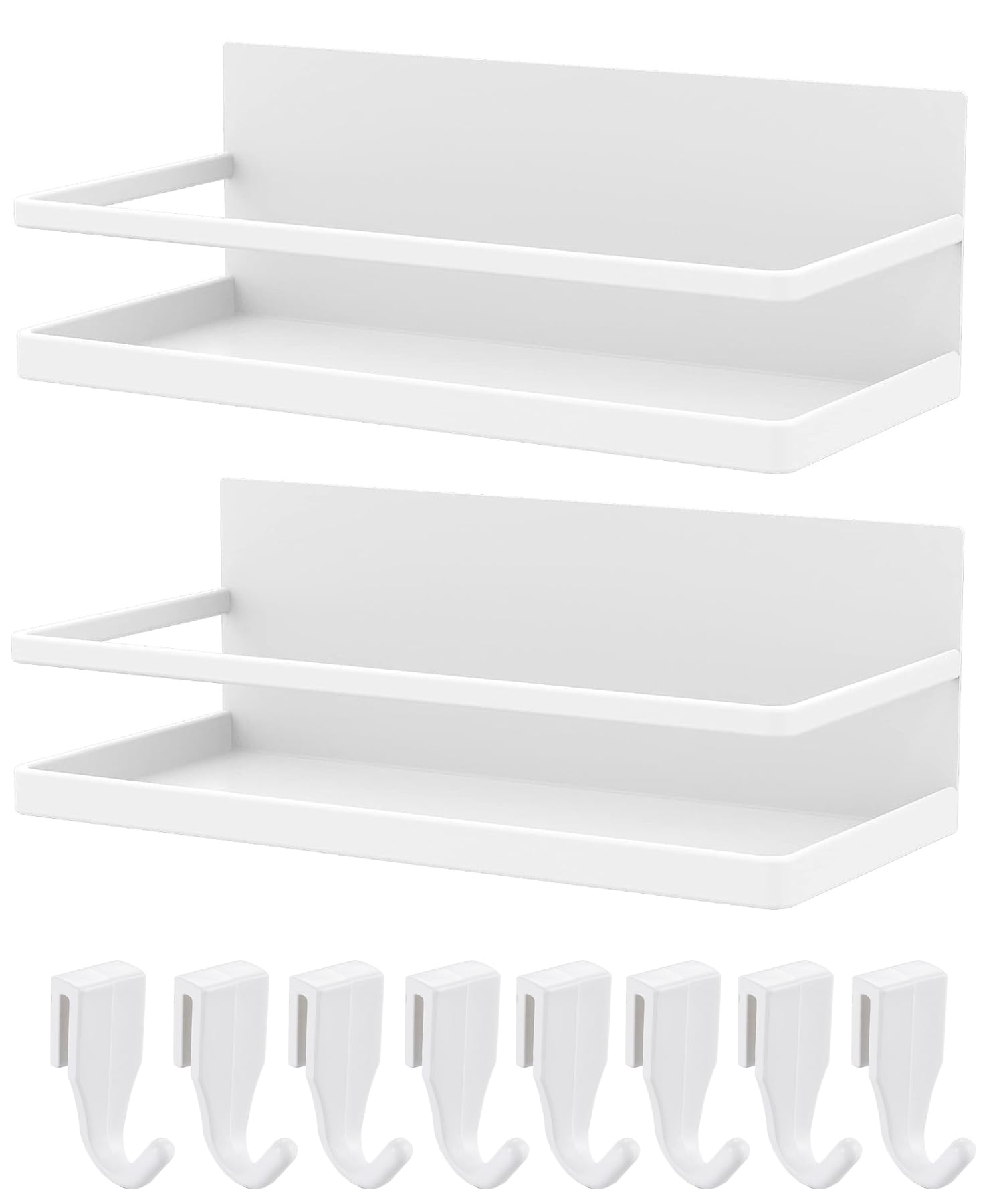 【送料無料】Whonor キッチンラック マグネット ラック 約W25xD12xH9cm 白い2点セット 超強力な磁気調味料棚 バスルーム 耐荷重7.5KG 穴開け不要 洗面所 洗面台 冷蔵庫 収納棚などが利用か フック8個付き