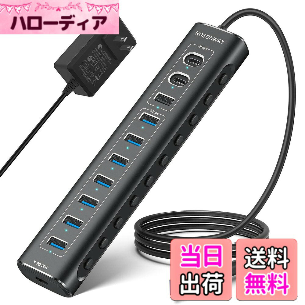 【送料無料】ROSONWAY USB ハブ10Gbps 11ポート 20W PDx1 USB C 3.2x2 USB A 3.2x1 USB 3.0x7 2 in 1 ケーブル 付き アルミ製 USB HUB セルフパワーとバスパワー両用 12V 5A 電源 独立スイッチ付き(RSH-A11PD)