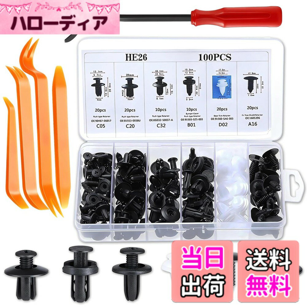 乐天商城 - 【送料無料】HiLiBoom プラスチック製リベット 自動車フェンダー バンパークリップ 保持クリップ リムクリップ 押し込み式 取り付け簡単 固定用 ユニバーサル 6種 収納ボックス付き 100個セット+工具