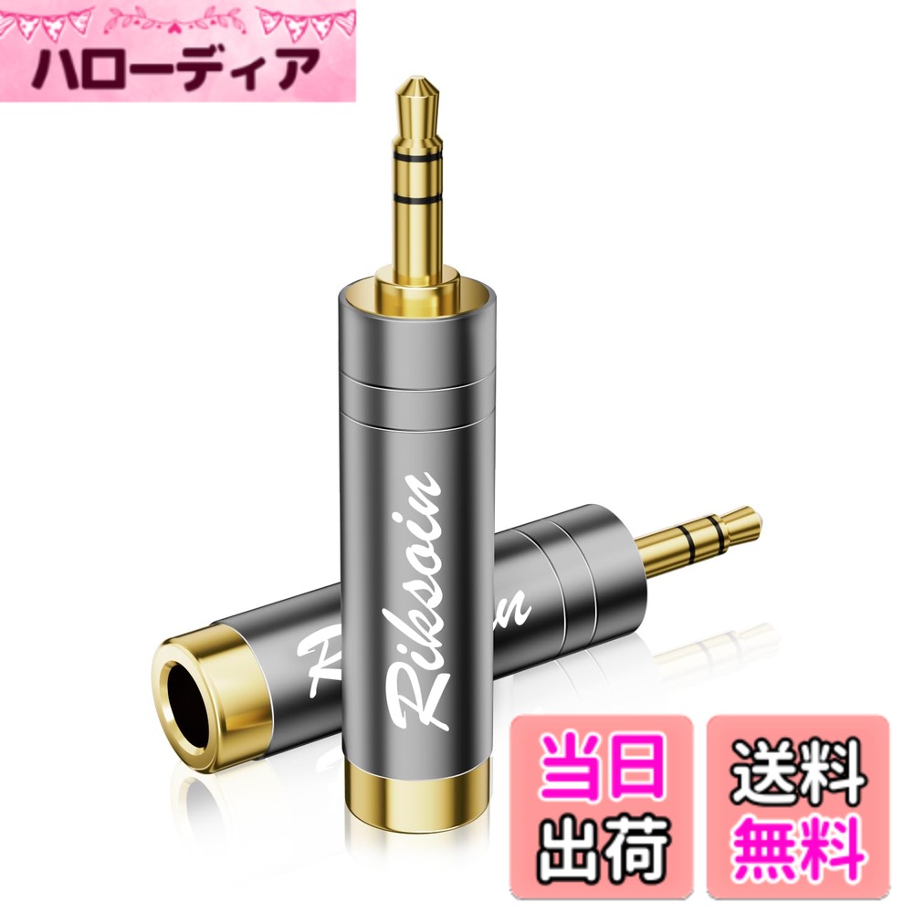 【送料無料】6.35mm→3.5mm変換プラグ、RIKSOIN（2個セット）ステレオミニプラグ（メス）→ステレオ標準プラグ（オス）イヤホンプラグジャック変換、24K金メッキ、電子ピアノ、ヘッドホン、アンプ用