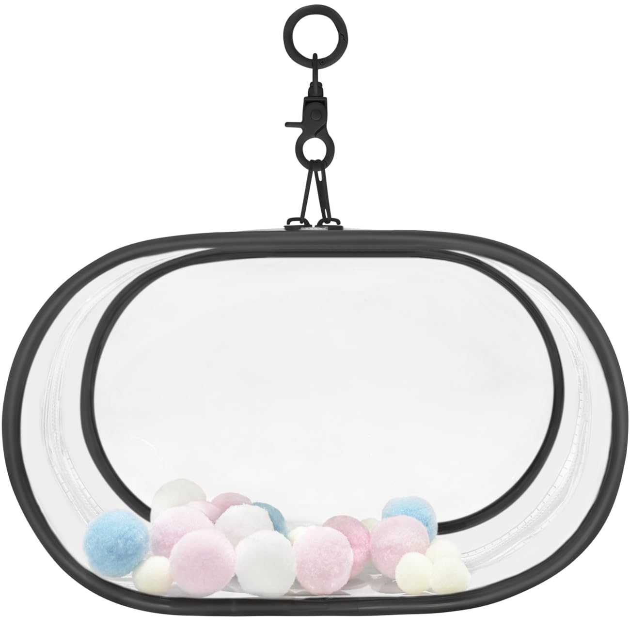 【送料無料】YUYAKESHIケース 痛バック 防塵 ぬいポーチ 外出 見せバッグ 楕円形 PVC 人形入れ ぬいぐるみ用 クリア カバンにひっかける 収納 キーホルダー付（ブラック・22.5cm高）