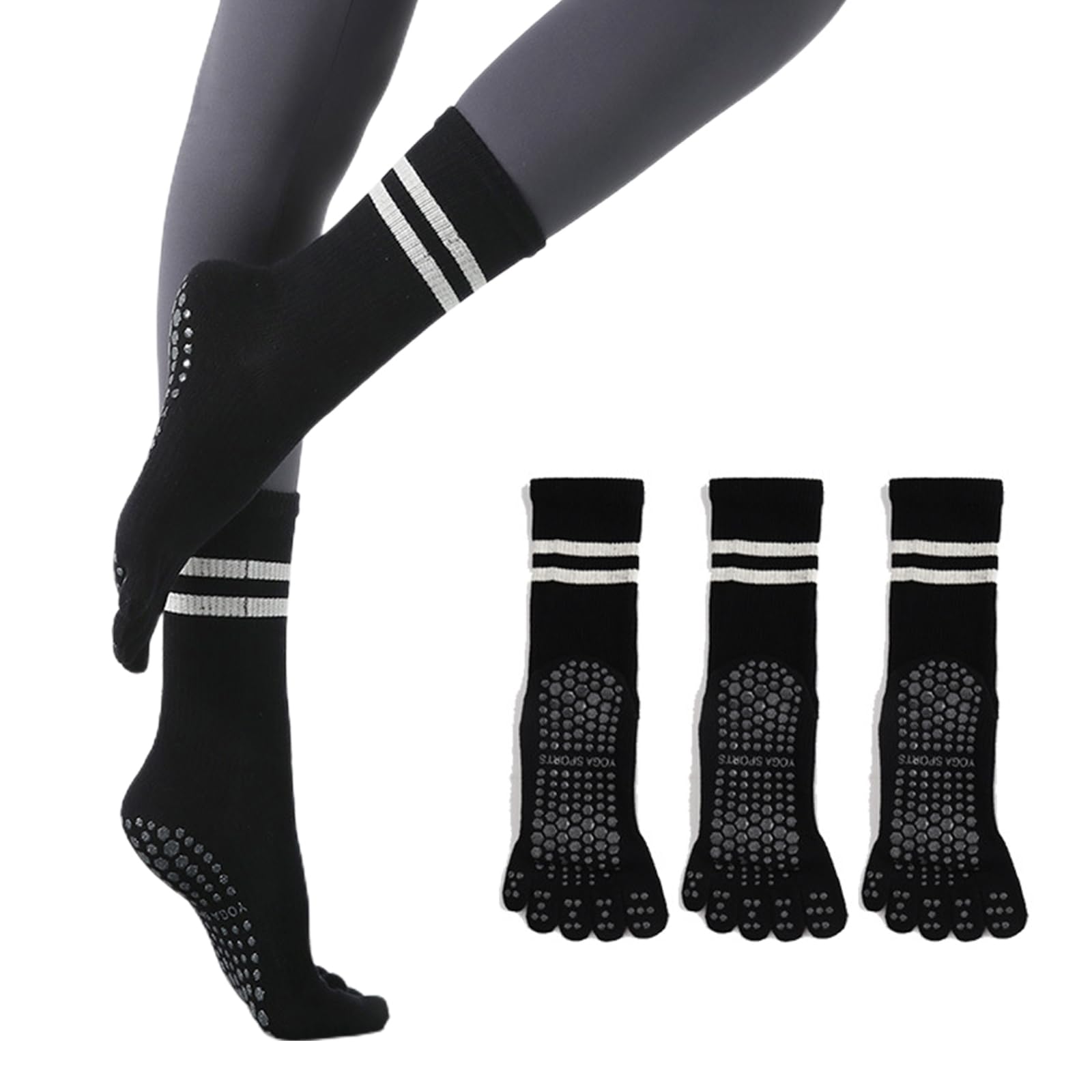 【送料無料】[GreenGee] 5本指 ヨガソックス 滑り止め レディース ヨガ靴下 綿 保温 防寒対策 暖か ピラティス 抗菌消臭靴下 スポツソックス 吸湿性 通気性 速乾 オールシーズン対応 男女兼用 (ブラック 3足セット)