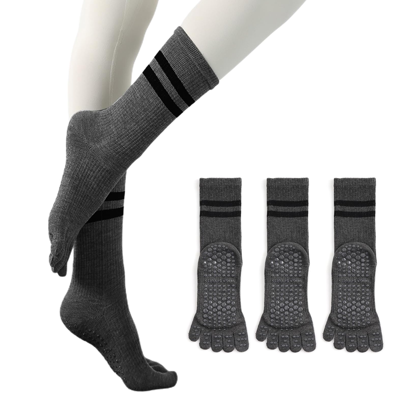 【送料無料】[GreenGee] 5本指 ヨガソックス 滑り止め レディース ヨガ靴下 綿 保温 防寒対策 暖か ピラティス 抗菌消臭靴下 スポツソックス 吸湿性 通気性 速乾 オールシーズン対応 男女兼用 (ダークグレー 3足セット)