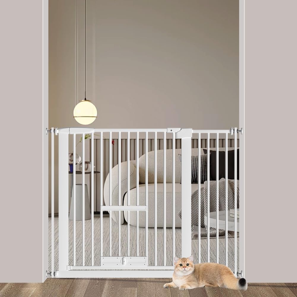 【送料無料】Seogva ペットゲート 3.5cm柵間隔 ペットドア付き 高さ78cm ペットゲート 犬 猫 ゲート ブラック ホワイト 猫用ゲート 過密フレーム付き 猫 ゲート 犬すり抜け防止フェンス つっぱり 扉付き 赤ちゃん ベビーゲート 突っ張り式 自動ロック 階段上 （設置幅96