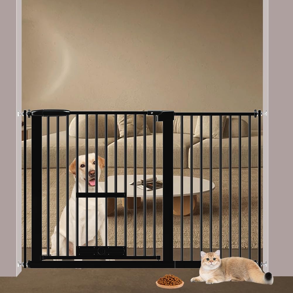 【送料無料】Seogva ペットゲート 3.5cm柵間隔 ペットドア付き 高さ78cm ペットゲート 犬 猫 ゲート ブラック ホワイト 猫用ゲート 過密フレーム付き 猫 ゲート 犬すり抜け防止フェンス つっぱり 扉付き 赤ちゃん ベビーゲート 突っ張り式 自動ロック 階段上 （設置幅11