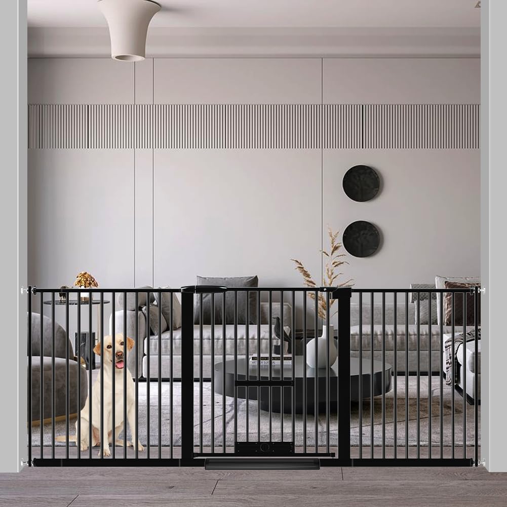 【送料無料】Seogva ペットゲート 3.5cm柵間隔 ペットドア付き 高さ78cm ペットゲート 犬 猫 ゲート ブラック ホワイト 猫用ゲート 過密フレーム付き 猫 ゲート 犬すり抜け防止フェンス つっぱり 扉付き 赤ちゃん ベビーゲート 突っ張り式 自動ロック 階段上 （設置幅18