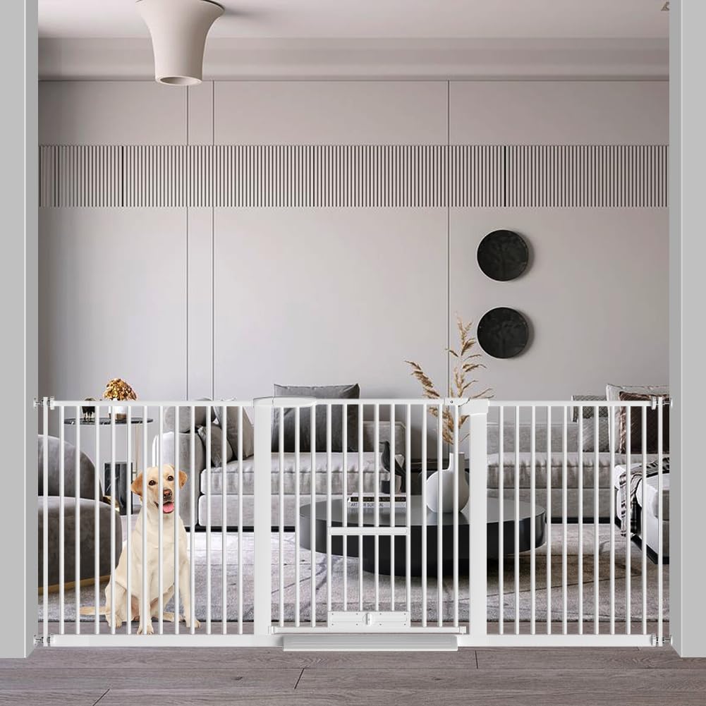 【送料無料】Seogva ペットゲート 3.5cm柵間隔 ペットドア付き 高さ78cm ペットゲート 犬 猫 ゲート ブラック ホワイト 猫用ゲート 過密フレーム付き 猫 ゲート 犬すり抜け防止フェンス つっぱり 扉付き 赤ちゃん ベビーゲート 突っ張り式 自動ロック 階段上 （設置幅18