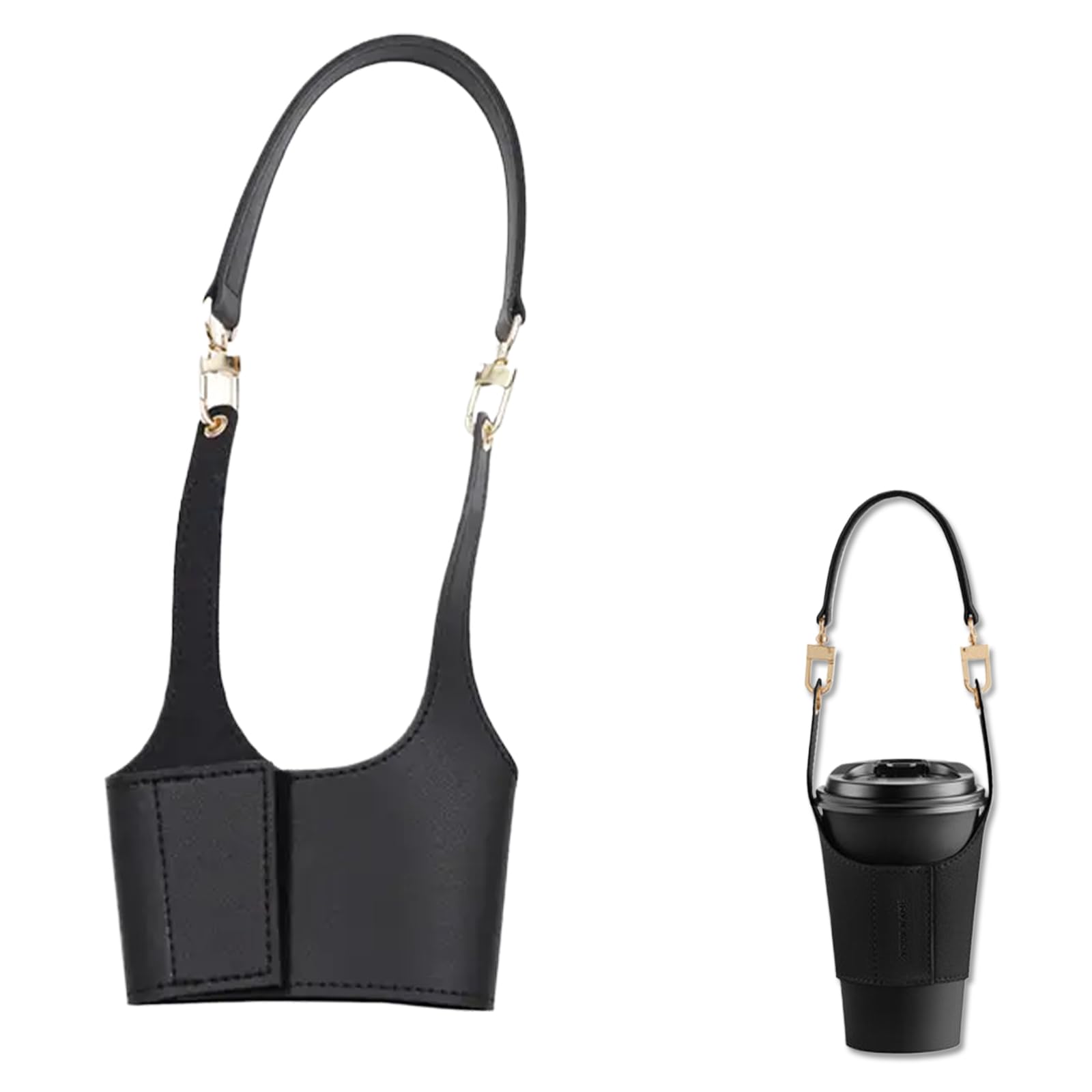 【送料無料】DELUXEFOX カップホルダー ハンドヘルドカップホルダー レザーカップホルダー ボトルホルダー 丸型コーヒー 手提げ カップスリーブ ストラップ テイクアウトドリンクホルダー 持ち歩きに便利 防水レザー製カップホルダー （ブラック）