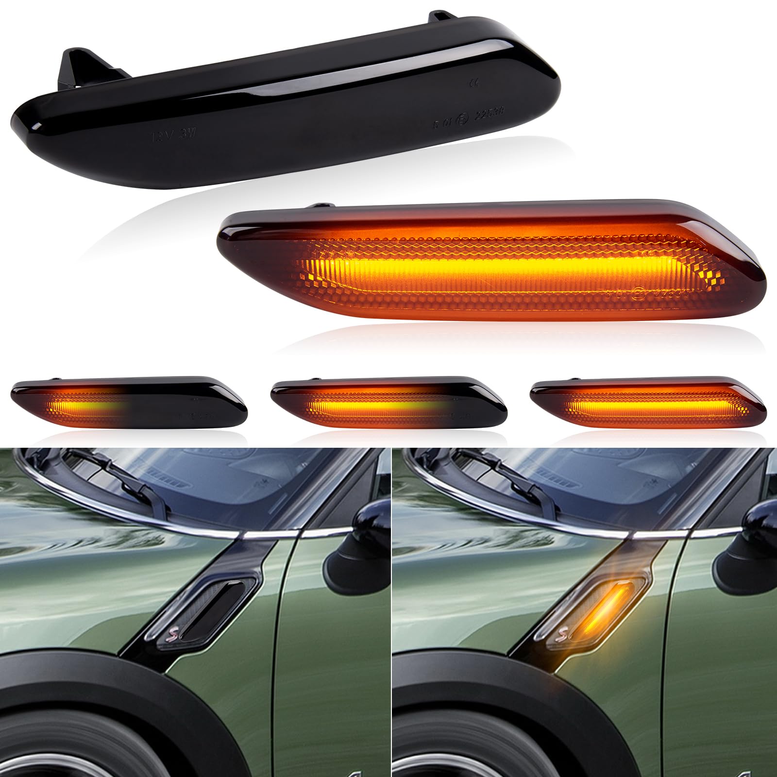 【送料無料】POPMOTORZ R61 R60 LED サイドマーカー ウインカー B-M-Wミニ用 クロスオーバー カントリーマン ペースマン ファイバーLED 流れて光る シーケンシャル B-M-W Mini フロントサイドマーカー スモークレンズ