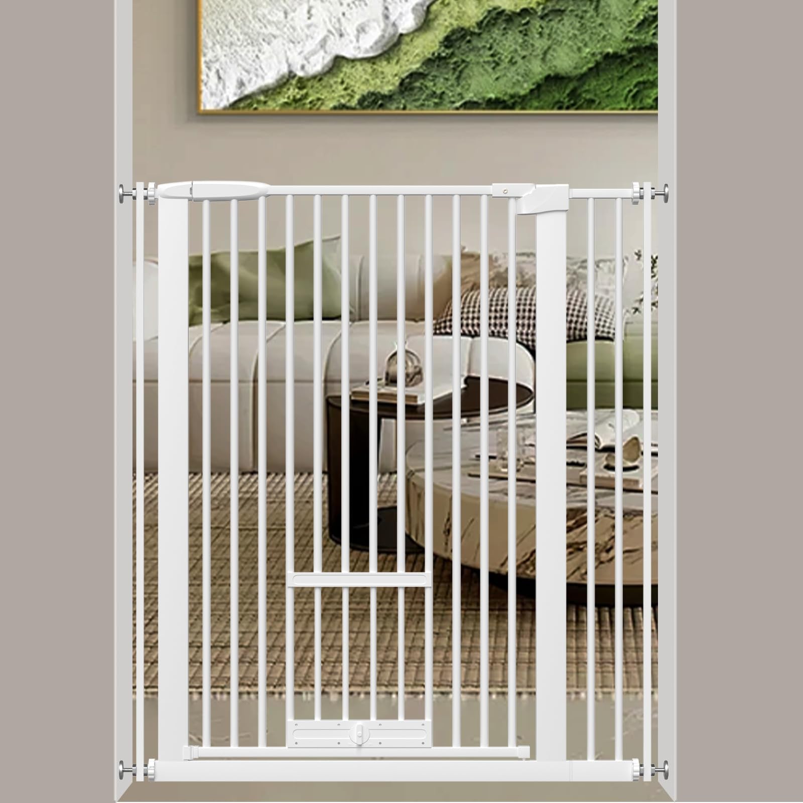 【送料無料】Seogva ペットゲート ベビーゲート 高さ103cm 間隔3 cm ペットゲート ドア付き 猫すり抜け防止 飛び越え防止ゲート 猫ドア付きゲート 過密フレーム付き（ホワイト 87-96 cm）