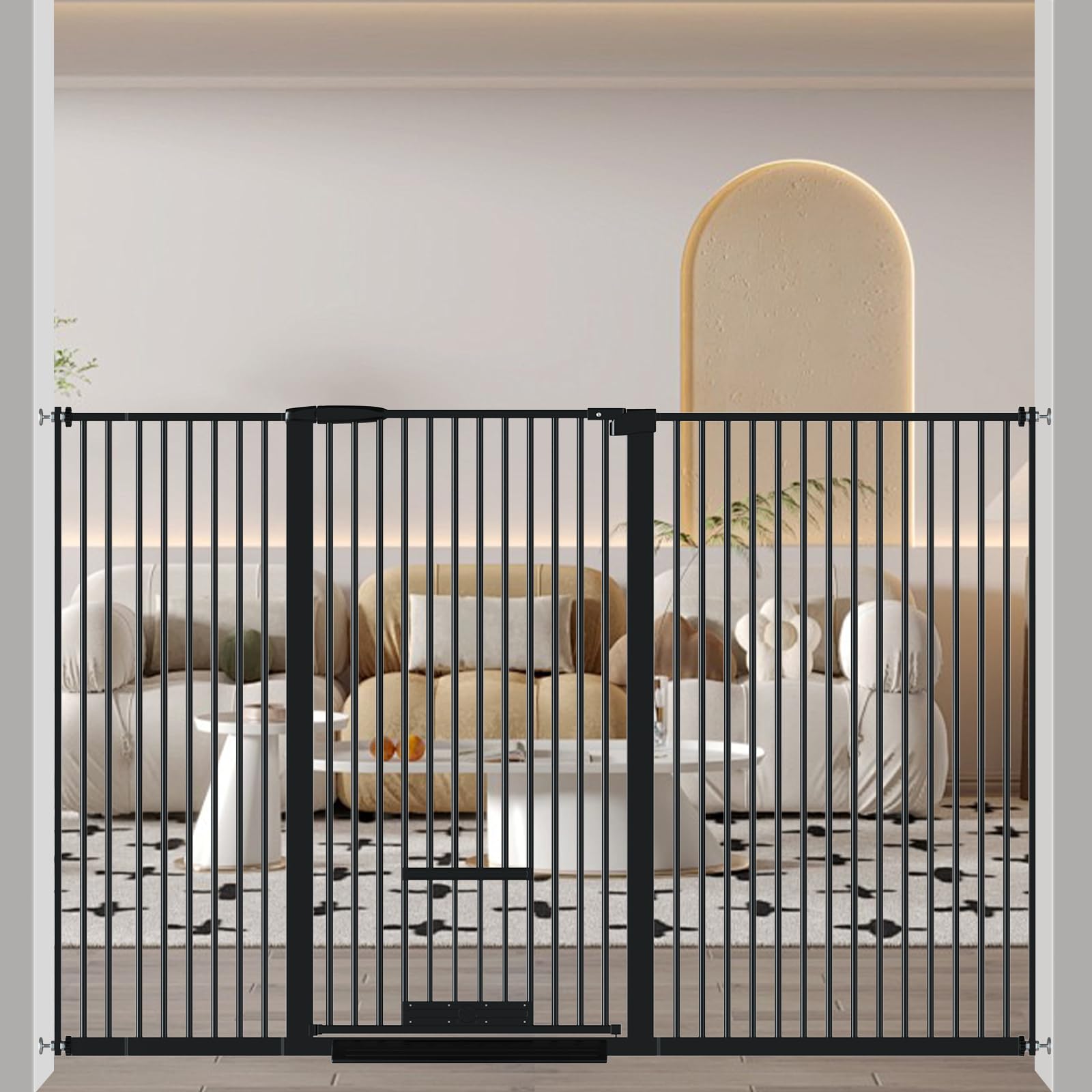 【送料無料】Seogva ペットゲート ベビーゲート 高さ103cm 間隔3 cm ペットゲート ドア付き 猫すり抜け防止 飛び越え防止ゲート 猫ドア付きゲート 過密フレーム付き（ブラック 177-196 cm）